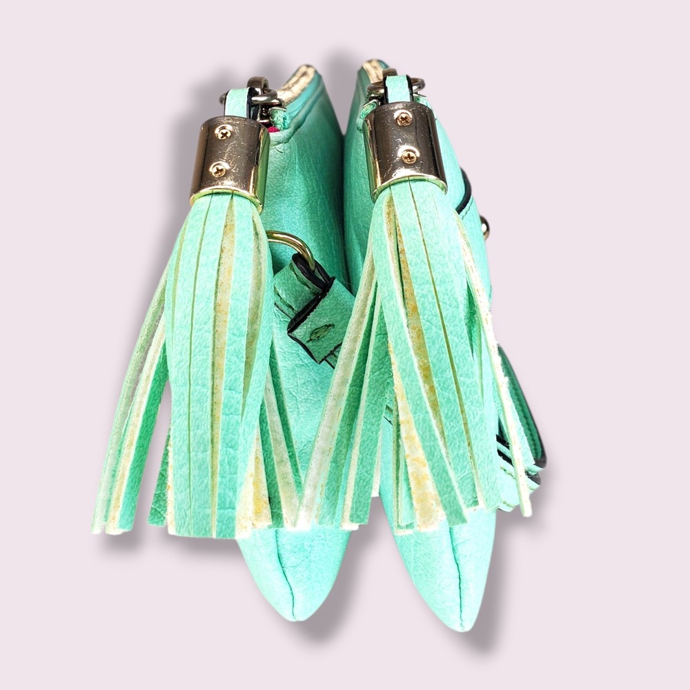 Juicy Couture Mint Green Double Zip Wristlet Pouch Tassel Clutch Gold Logo Crown - Picture 4 of 7